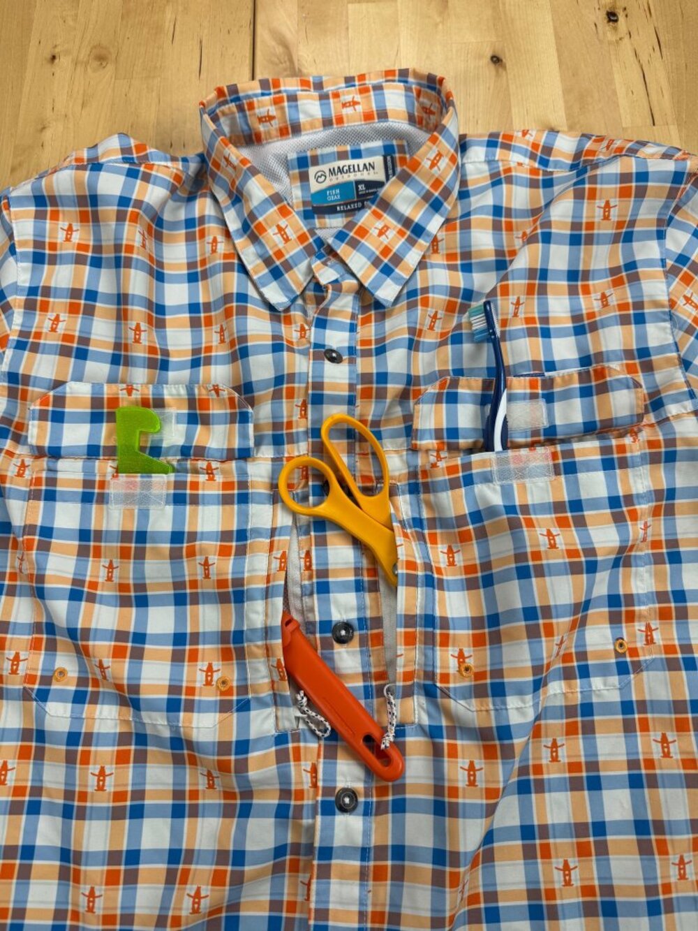 Magellan Outdoors Vented Fishing Shirt Houston Rodeo Orange Blue Plaid XL - Picture 4 of 15